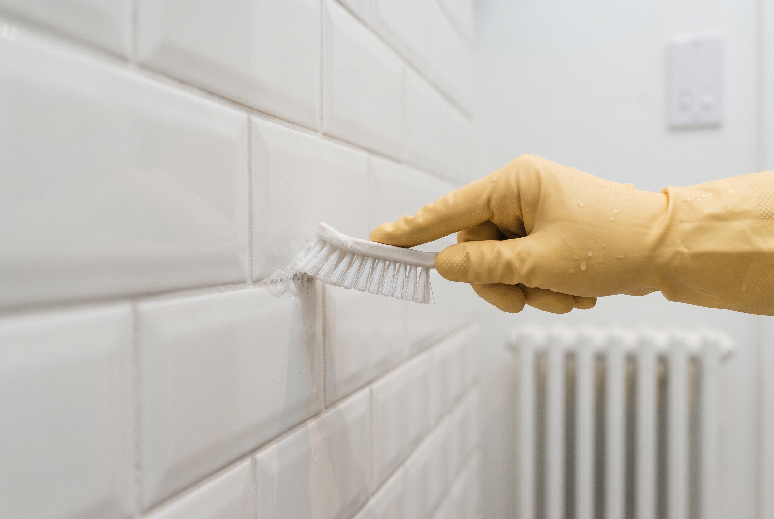 Cleaner scrubbing tile grout during a deep clean